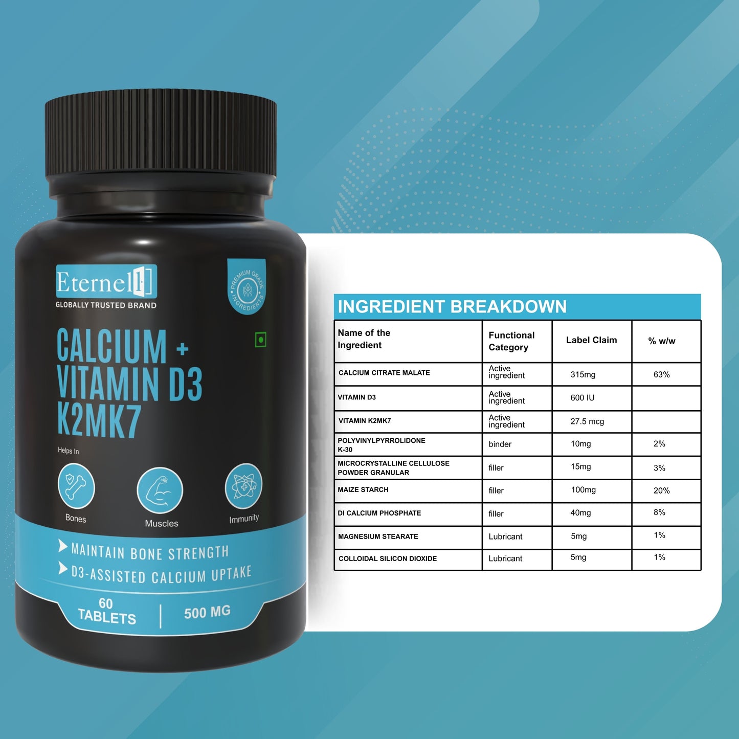 Calcium + Vitamin D3 K2 MK-7 Tablet – 500 mg