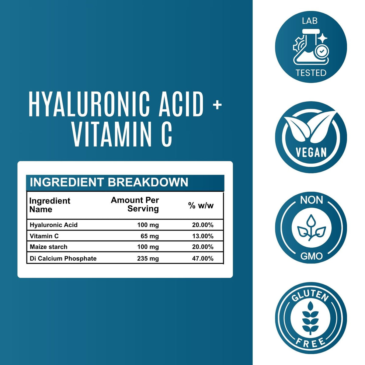 Hyaluronic Acid + Vitamin C - 500 mg Skin Hydration & Glow Support