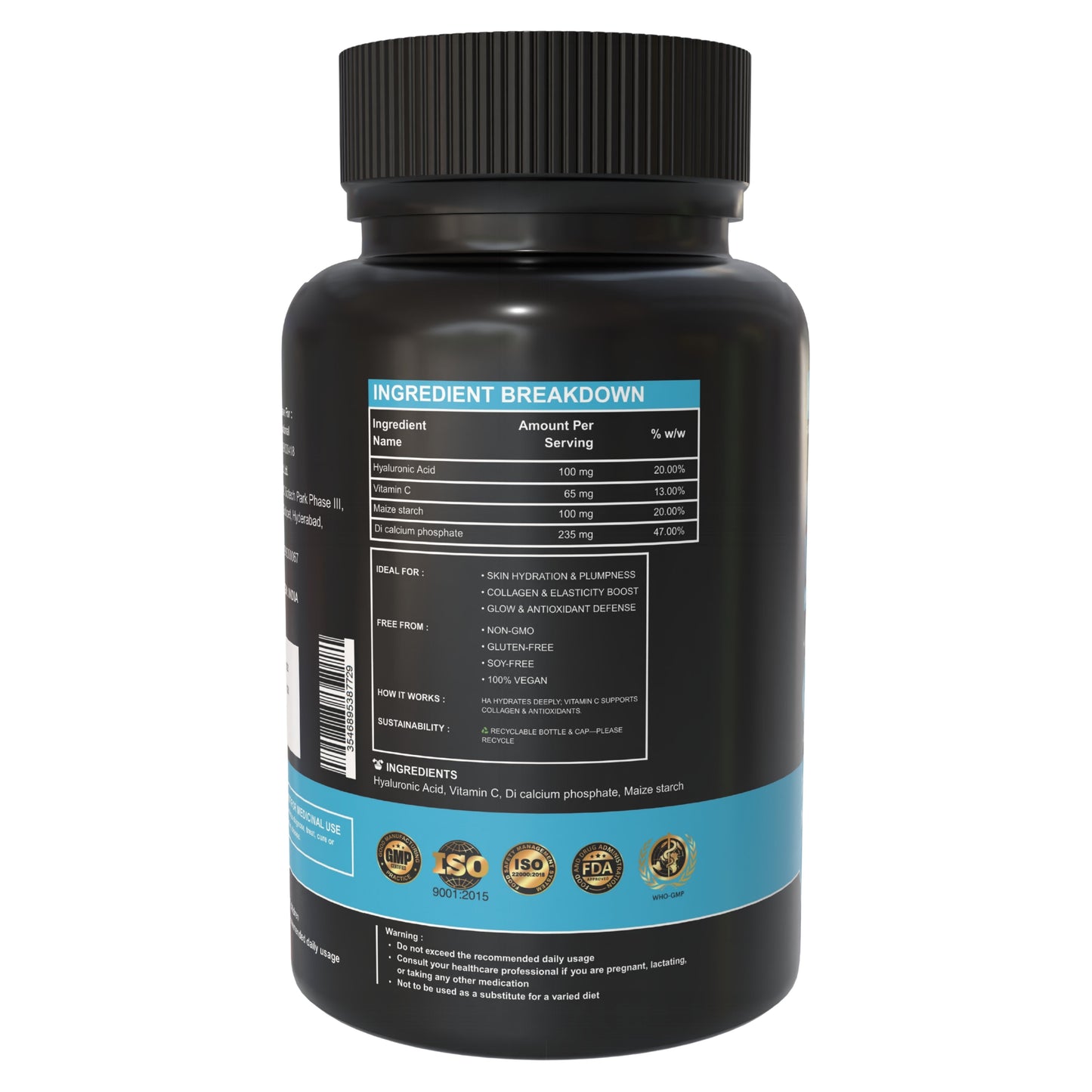 Hyaluronic Acid + Vitamin C - 500 mg Skin Hydration & Glow Support