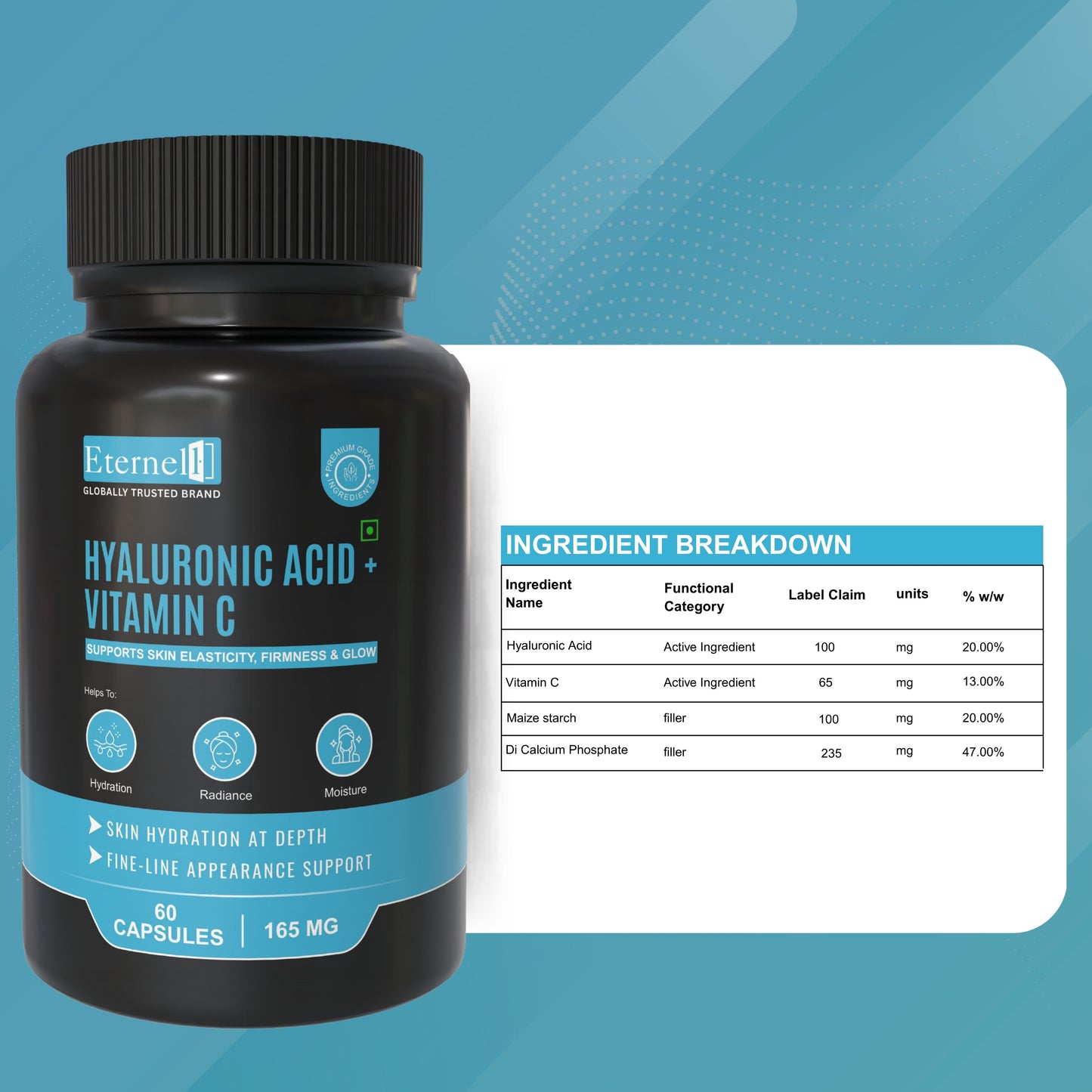 Hyaluronic Acid + Vitamin C - 500 mg Skin Hydration & Glow Support