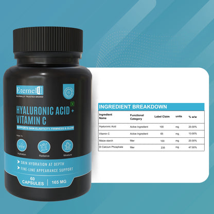 Hyaluronic Acid + Vitamin C - 500 mg Skin Hydration & Glow Support